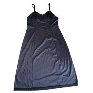 Vintage Wonder Maid Nightgown Navy Black Satin Full Slip Lace SZ 38 Negligee